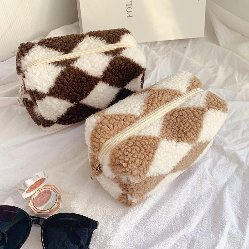 3Pcs Checkered Plush Makeup Bag Terry Cloth Cosmetic Bag Zipper Travel Toiletry Bag Organizer Soft Pencil Pouch Case Makeup Brushes Storage Bag for Women Girlsps