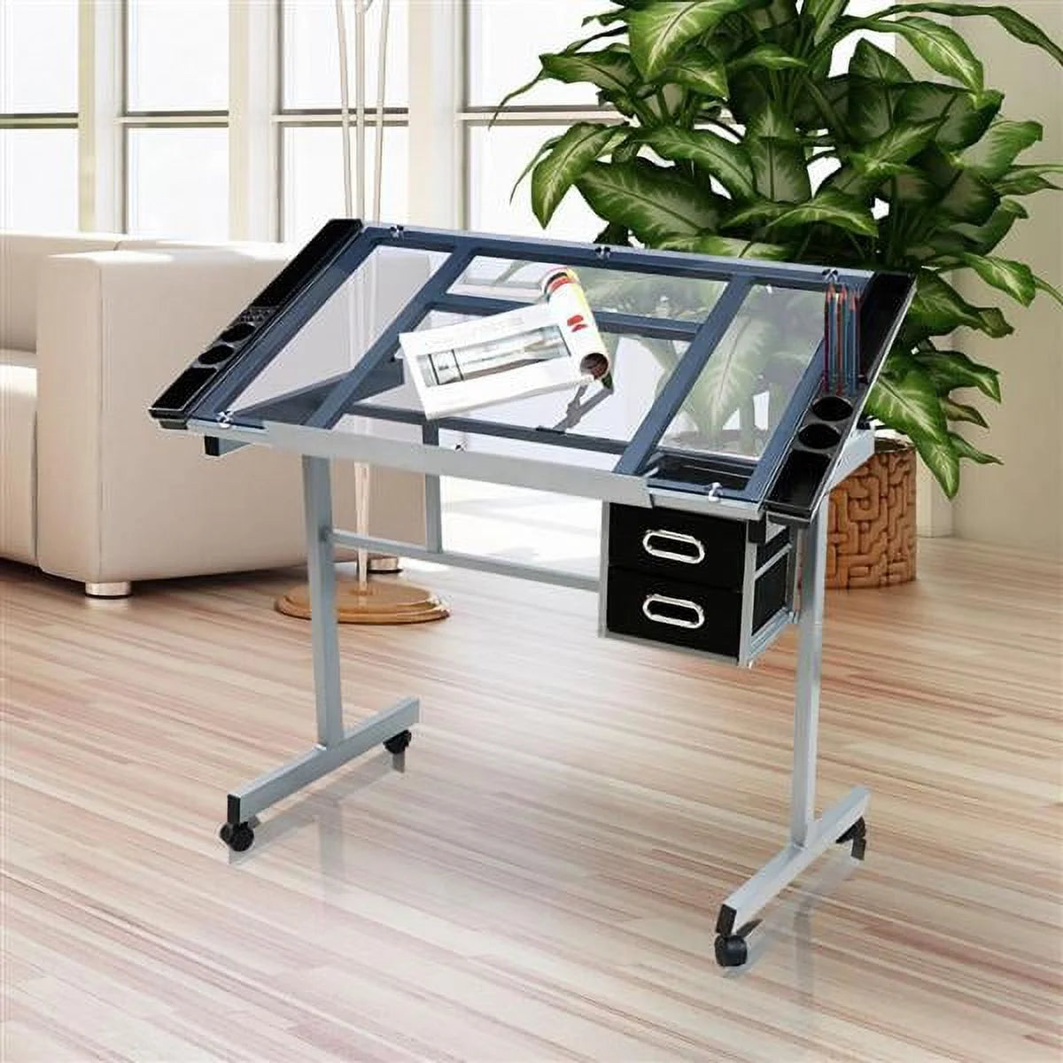 Adjustable Desktop Craft Table with Drawers, Black