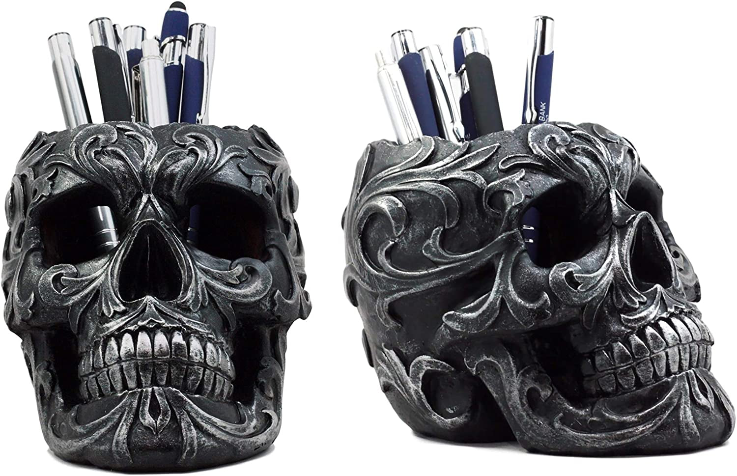 Set of 2 Tribal Tattoo Floral Skull Pen Holder Figurine 5.75" L Office Desktop Ossuary Skulls Decor Cranium Skeleton Head Stationery Holder as Halloween Macabre Graveyard Spooky Statue