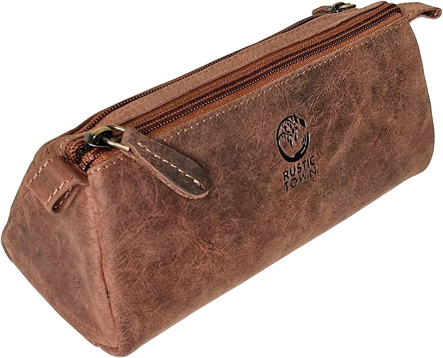 Leather Pencil Case - Full Grain Leather Zippered Pen Pouch - Stationery Bag Pen Holder for Work & Office