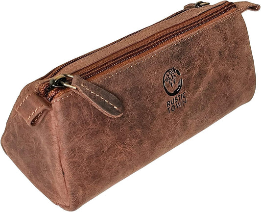 Leather Pencil Case - Full Grain Leather Zippered Pen Pouch - Stationery Bag Pen Holder for Work & Office