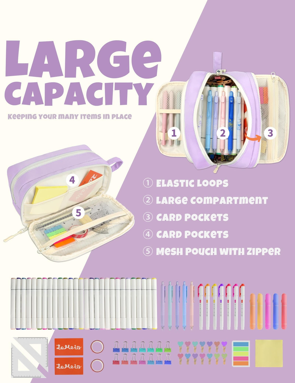 Cute Pencil Case, Aesthetic Pen Pouch with 3 Compartments, Kawaii Colored Lar...