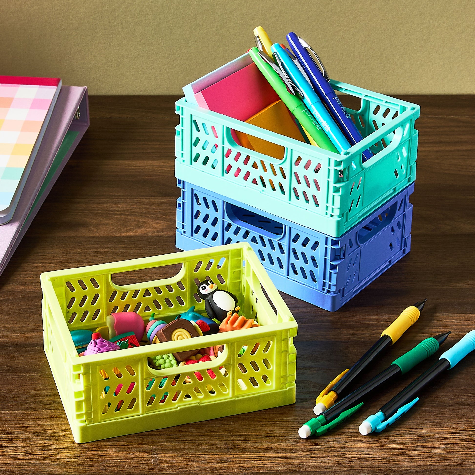 Mini Collapsible Crate, 5.51" X 4.13" X 2.28", Assorted Blue Colors, 3 Count per Pack, Plastic Materials