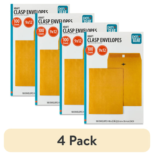 (4 Pack)  Kraft Clasp Envelopes, 9 in X 12 In, 100 Count