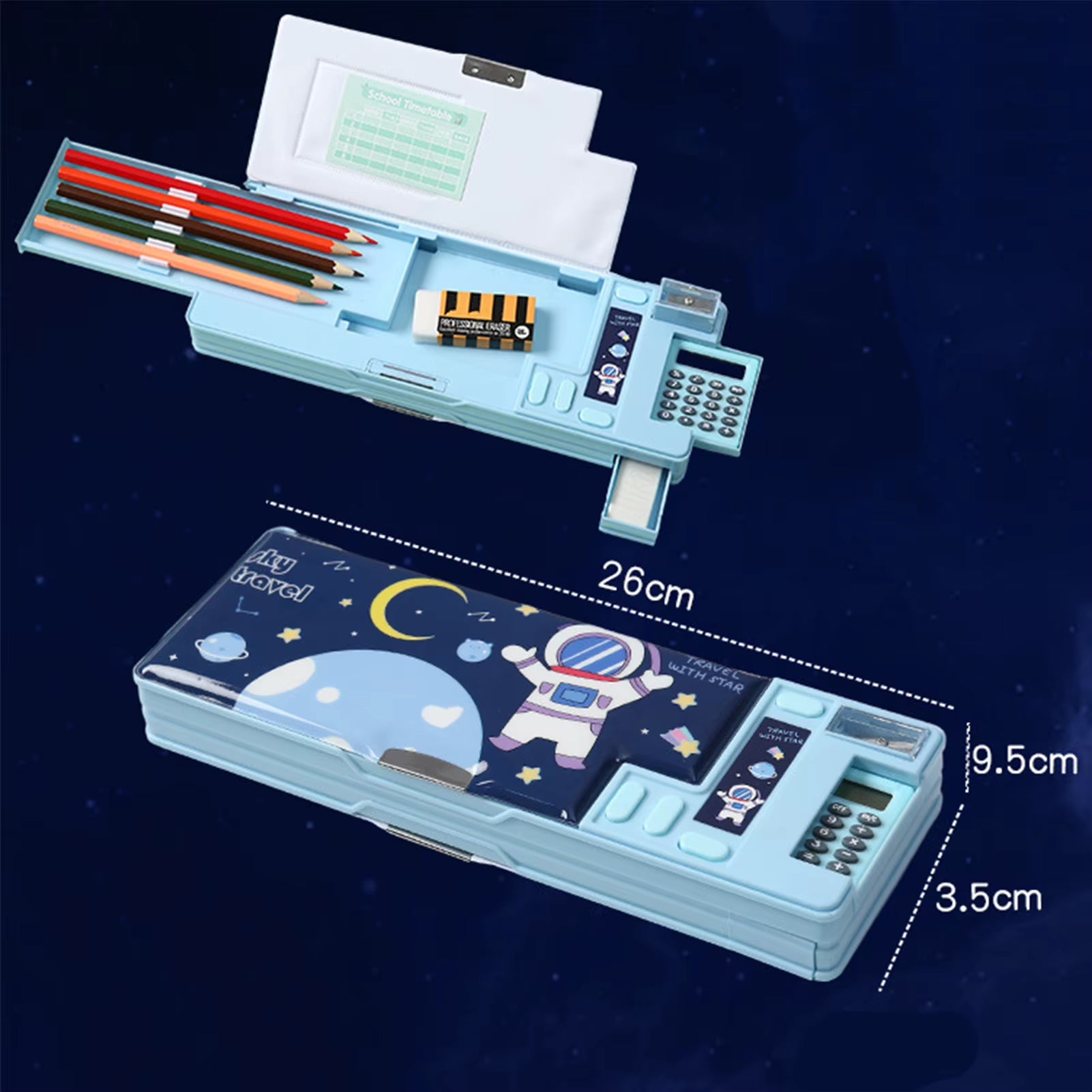 Pencil Cases Stationery Supplies School Cute Cartoon Universe Large Capacity Mulfunction with Calculator and Pencil Sharpener