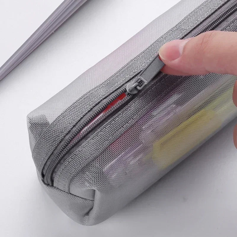 Transparent Stationery Pencil Bag Student Nylon Mesh Pen Case Unisex Large Capacity Pouch School Supplies Stationery Organizer