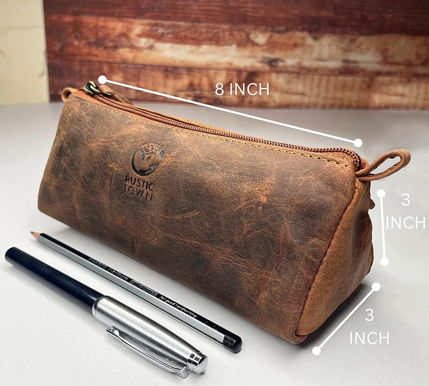 Leather Pencil Case - Full Grain Leather Zippered Pen Pouch - Stationery Bag Pen Holder for Work & Office