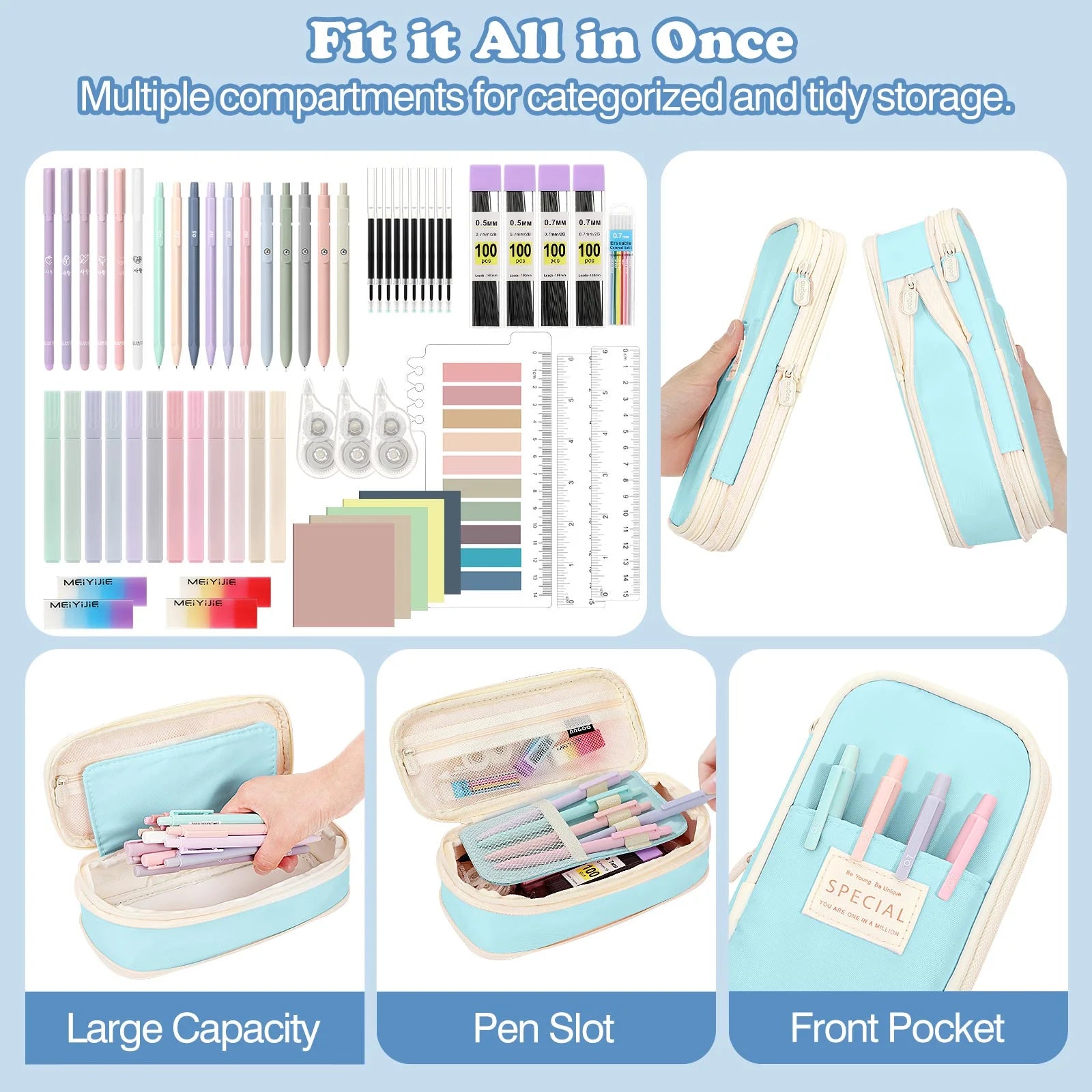 60Pcs Aesthetic School Supplies with Pencil Case for Students Stationary College Essentials, Blue