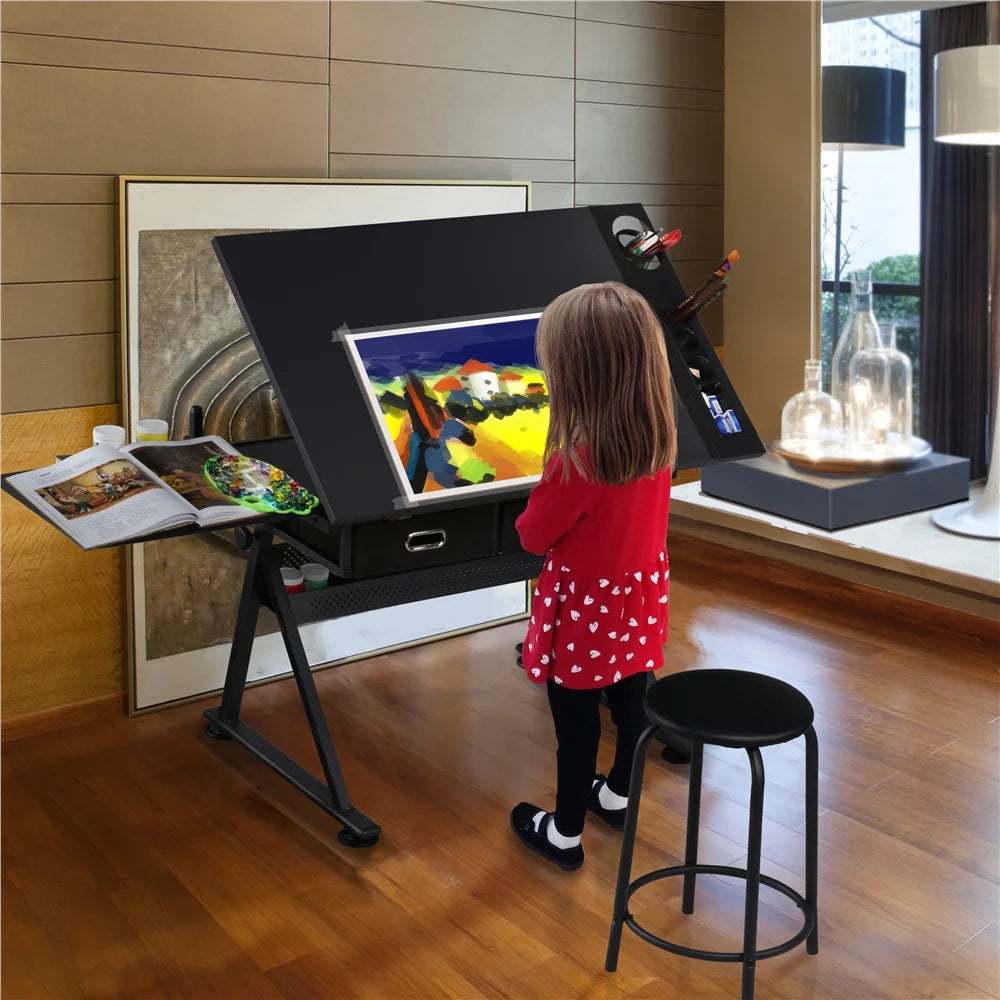 Adjustable Drafting Table with Stool, Black