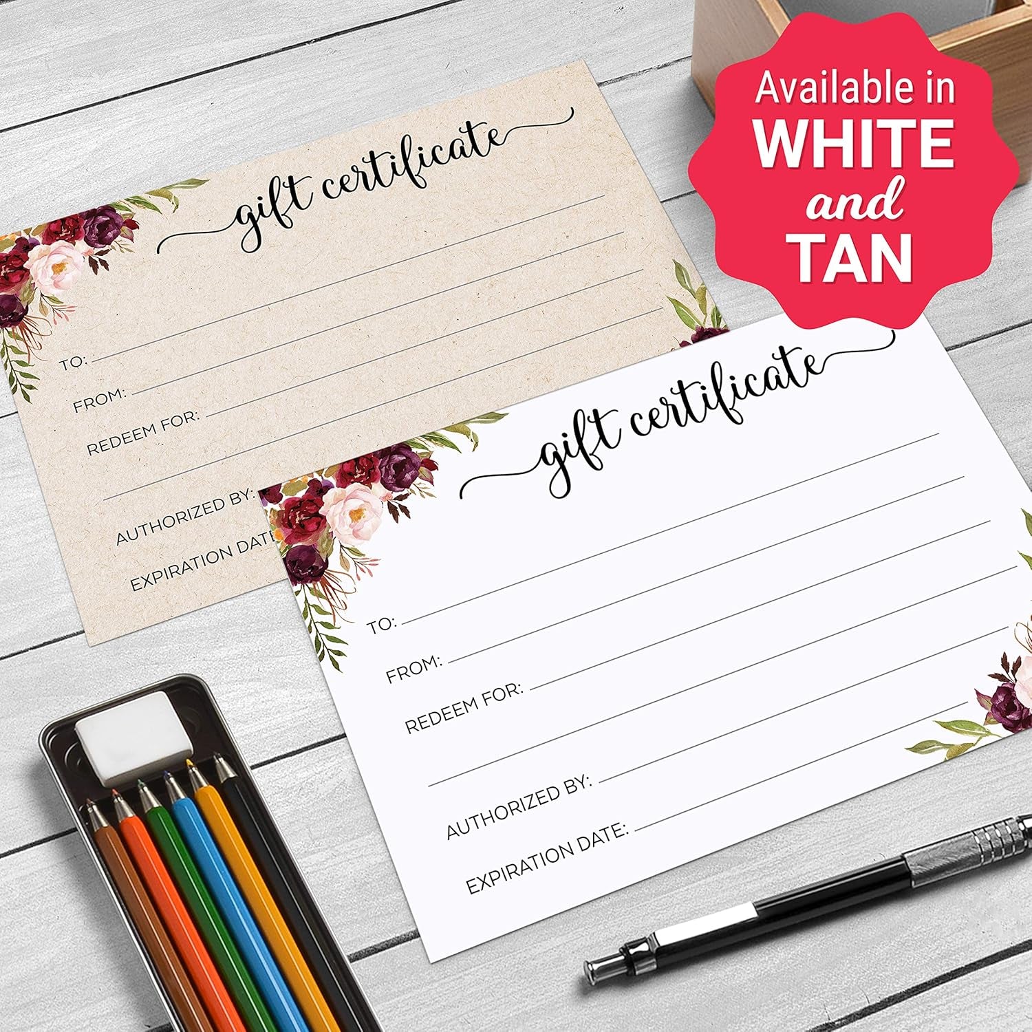 Blank Floral Gift Certificates with Envelopes, 4X6 Tan - Made in USA, Generic Fill-In Vouchers for Small Business, Spa, Salon, Birthday Coupon, Work Gift Cards - Set of 24