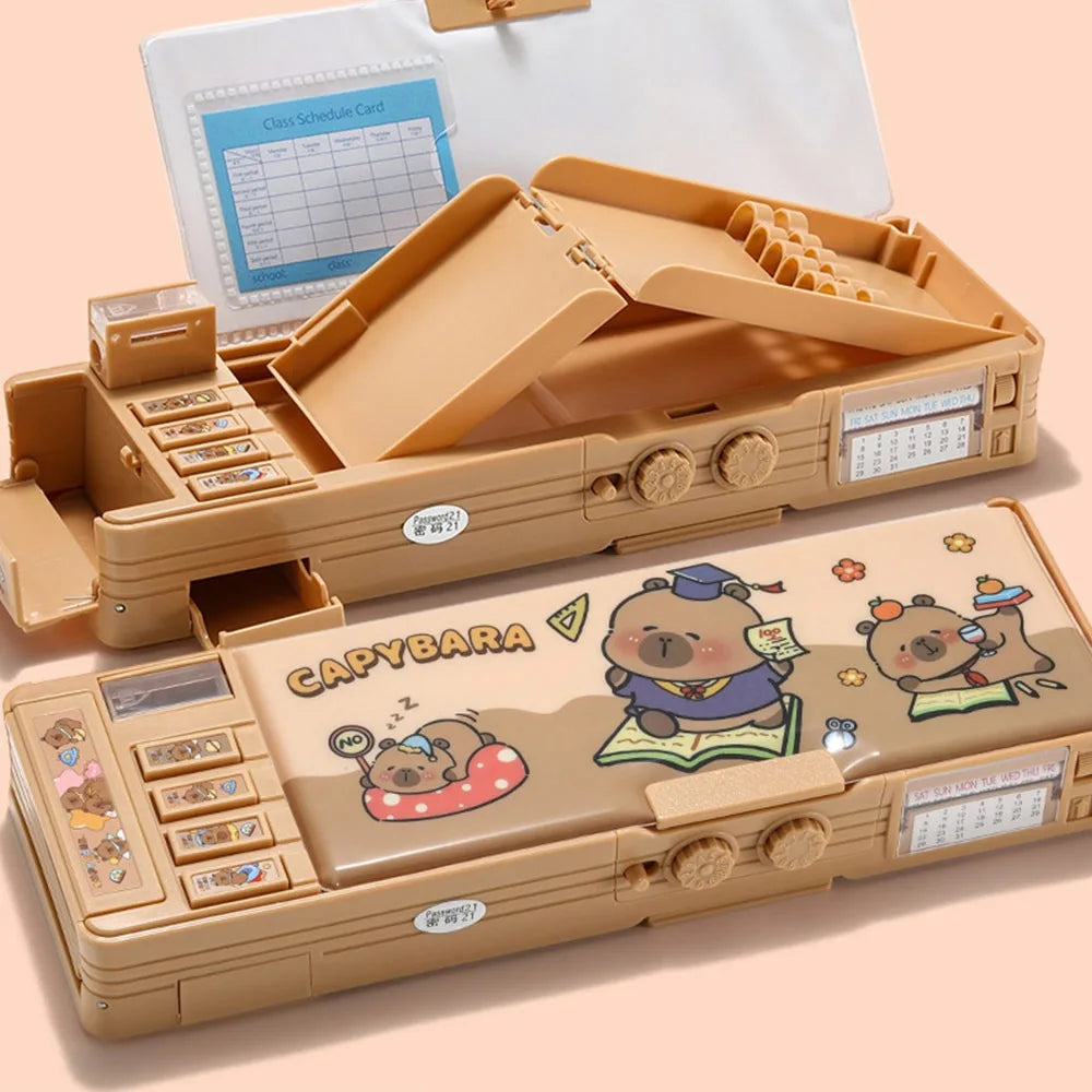 Multifunctional Capibara Pencil Case Large Capacity Password Lock Stationery Box Double Layer High-Tech Pen Box NO Stationery