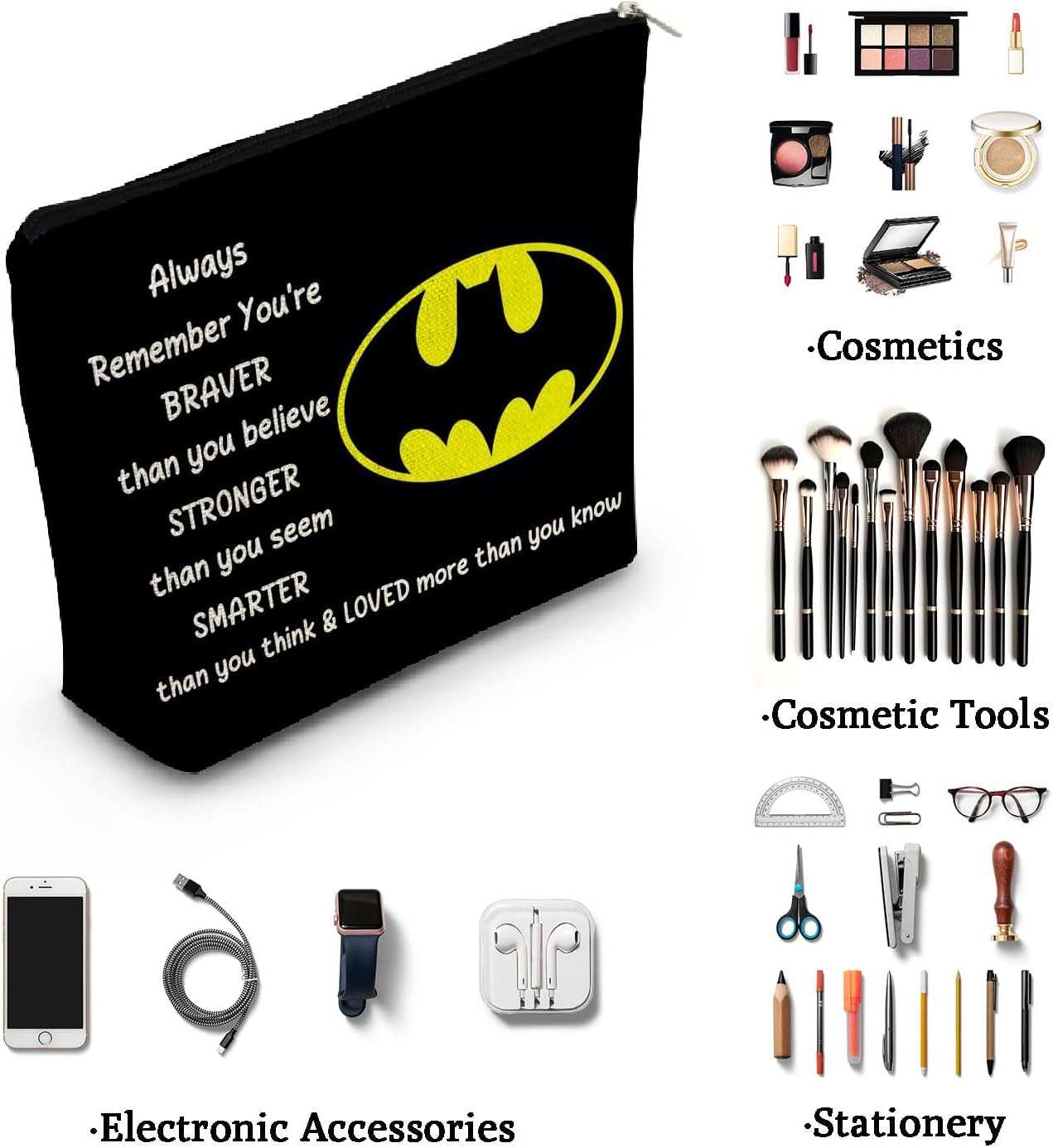 Bat Movie Makeup Bag Bat Classic Logo Gift Black Organizer Bag You Are Stronger Smarter than You Think Bat Toiletry Zipper Pouch Bat Cosmetic Bag Gift for Movie Fans Women