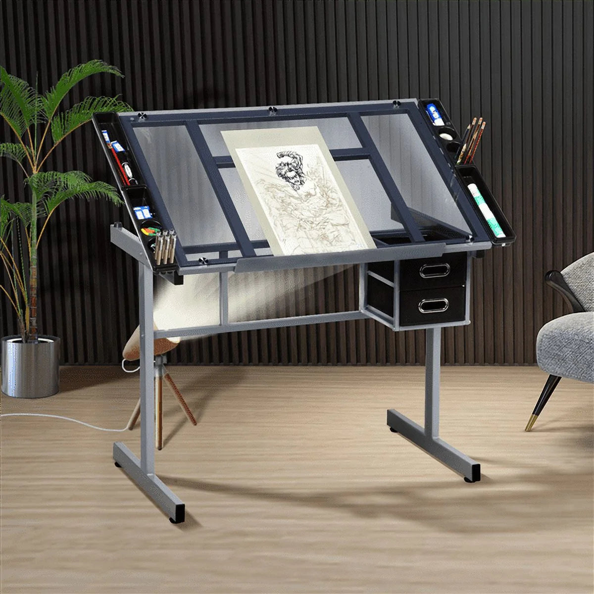 Adjustable Desktop Craft Table with Drawers, Black