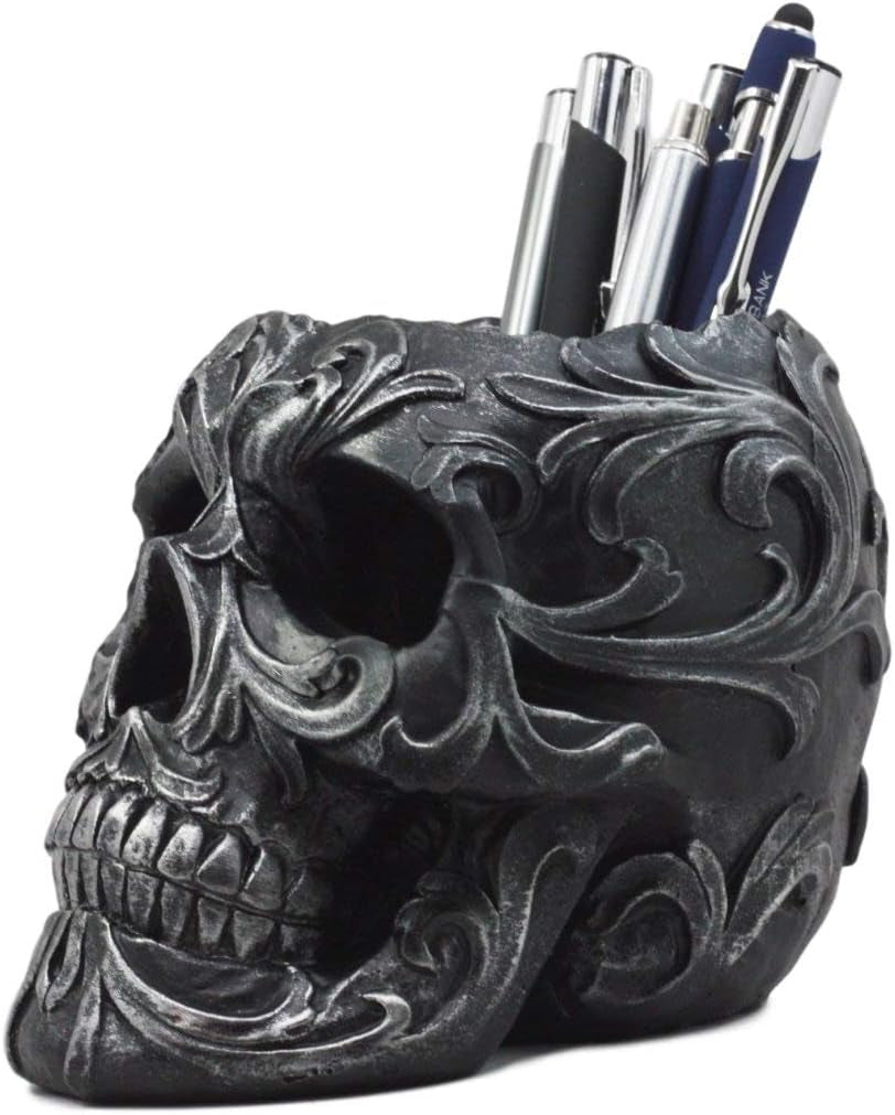 Set of 2 Tribal Tattoo Floral Skull Pen Holder Figurine 5.75" L Office Desktop Ossuary Skulls Decor Cranium Skeleton Head Stationery Holder as Halloween Macabre Graveyard Spooky Statue