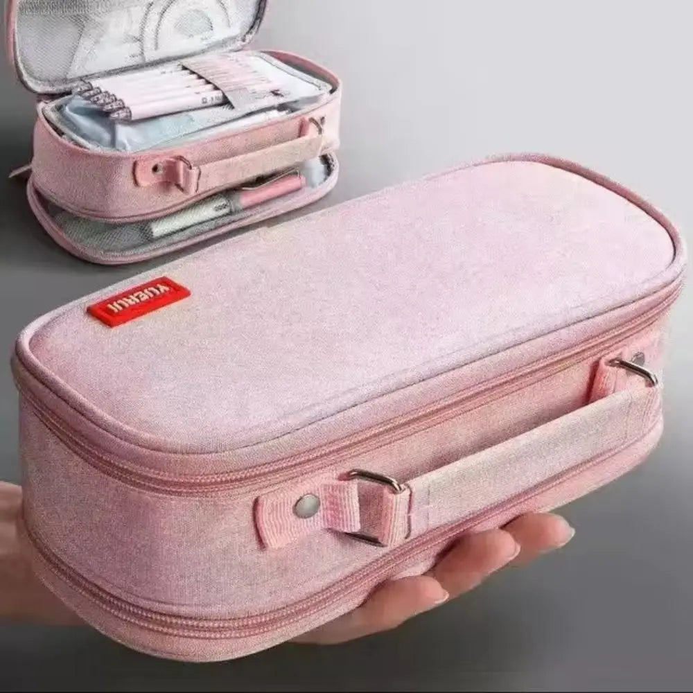 Portable Pen Storage Bag Large Capacity Durable Canvas Pencil Case 5 Layer Solid Color Student Stationery Boxes School Supplies