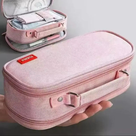 Portable Pen Storage Bag Large Capacity Durable Canvas Pencil Case 5 Layer Solid Color Student Stationery Boxes School Supplies