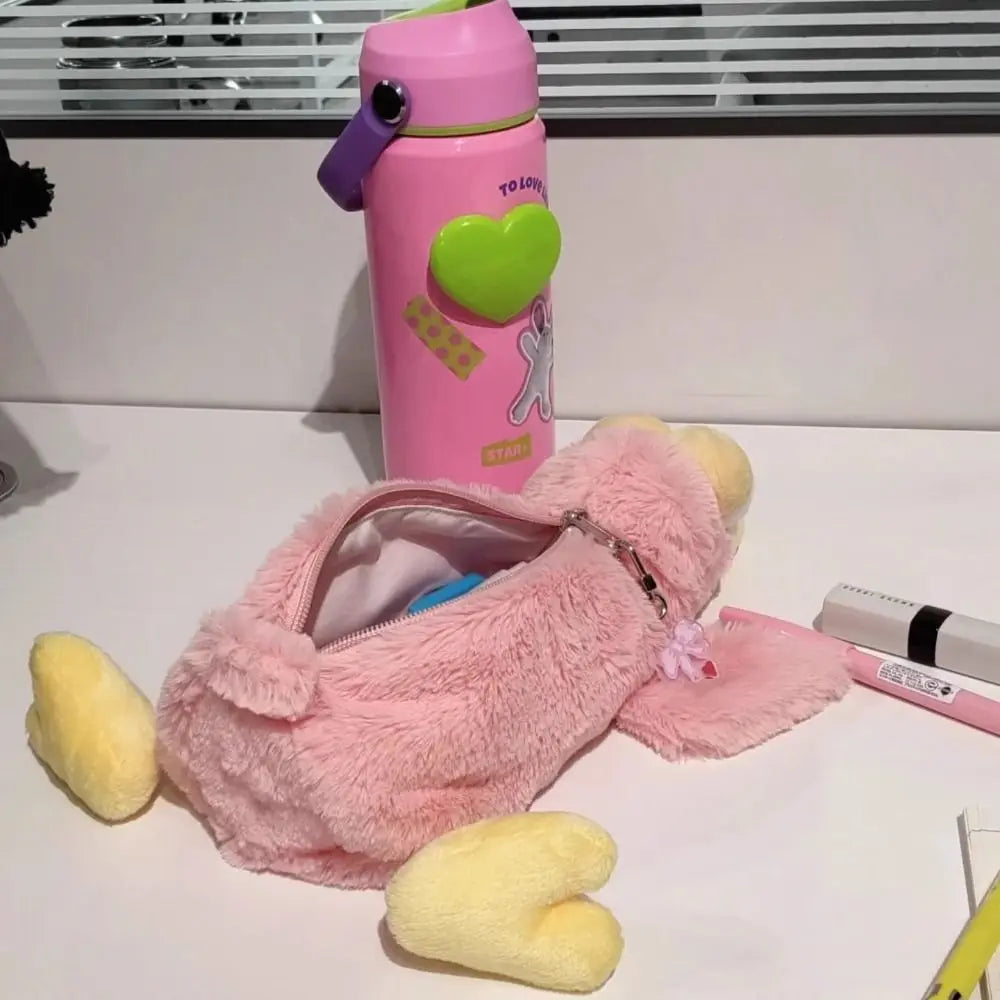 Stationery Organizer Pink Plush Bird Pencil Bag Large Capacity Soft Plush Pencil Case Korean Style Storage