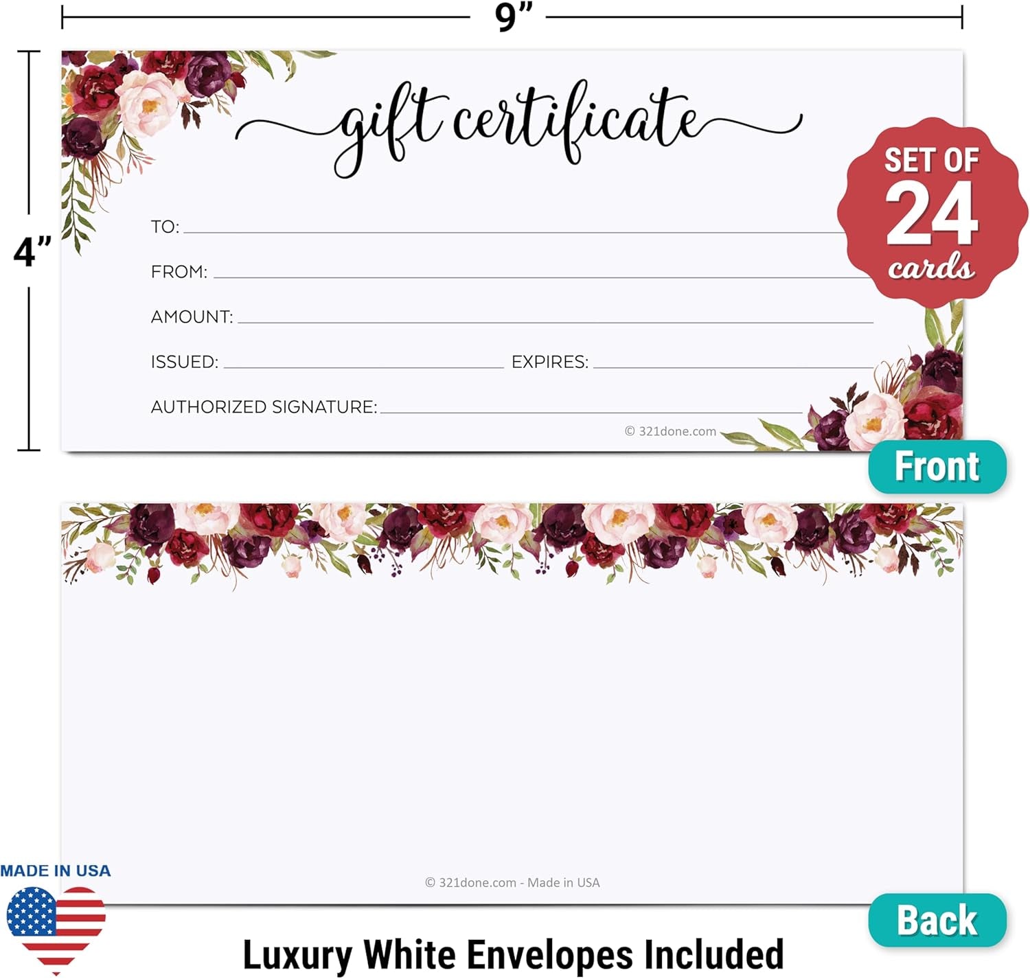 Floral Blank Gift Certificates (Set of 24 and Envelopes) 4X9 for Small Business, Holiday, Christmas Voucher, Spa, Salon - Rustic Red Roses White - Made in USA