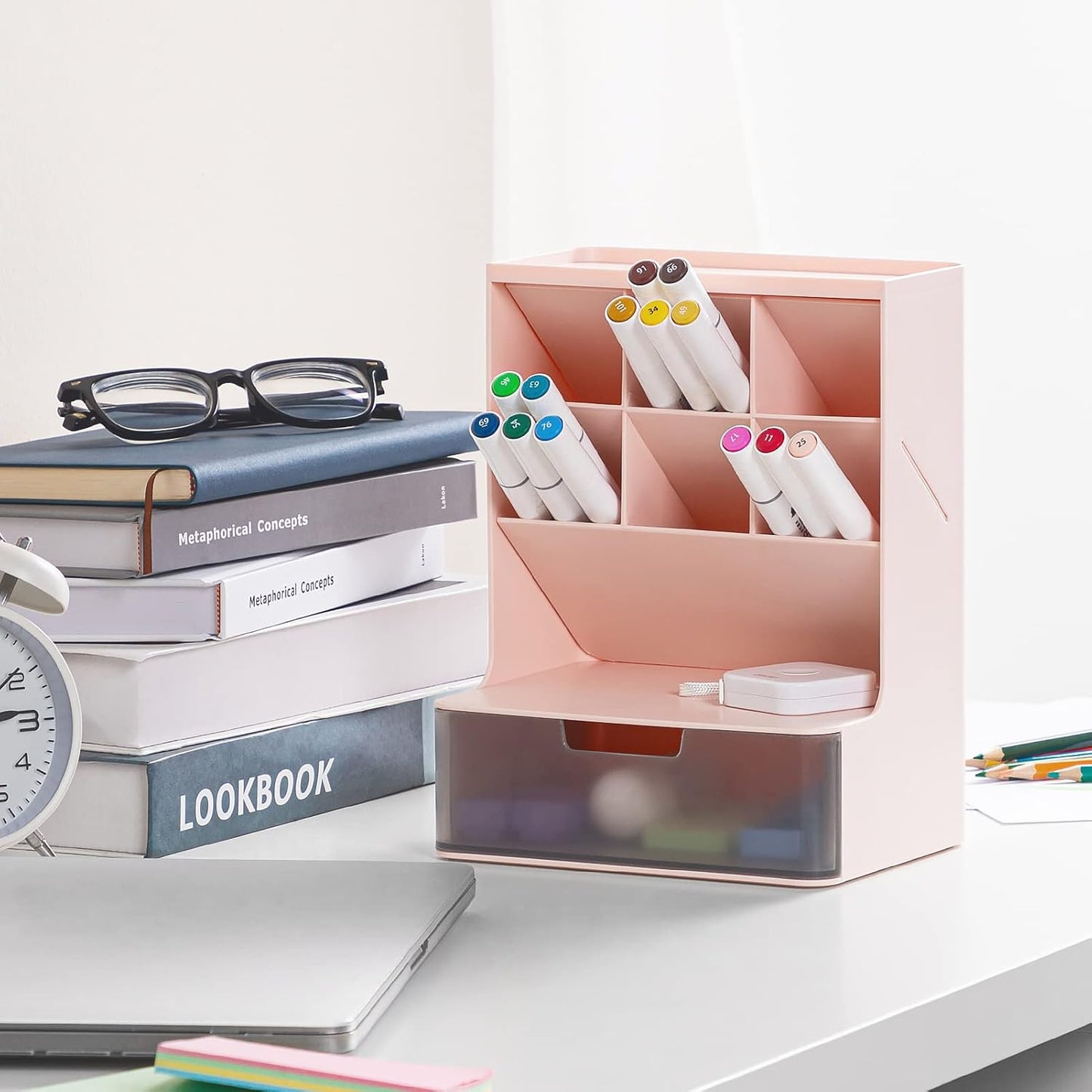 Multi-Functional Plastic Pen Organizer, Pen Holder for Desk, 2 Layer 6 Compartments Desktop Stationary Organizer, Big Capacity Pen Storage Rack for School Home Office Art Supplies