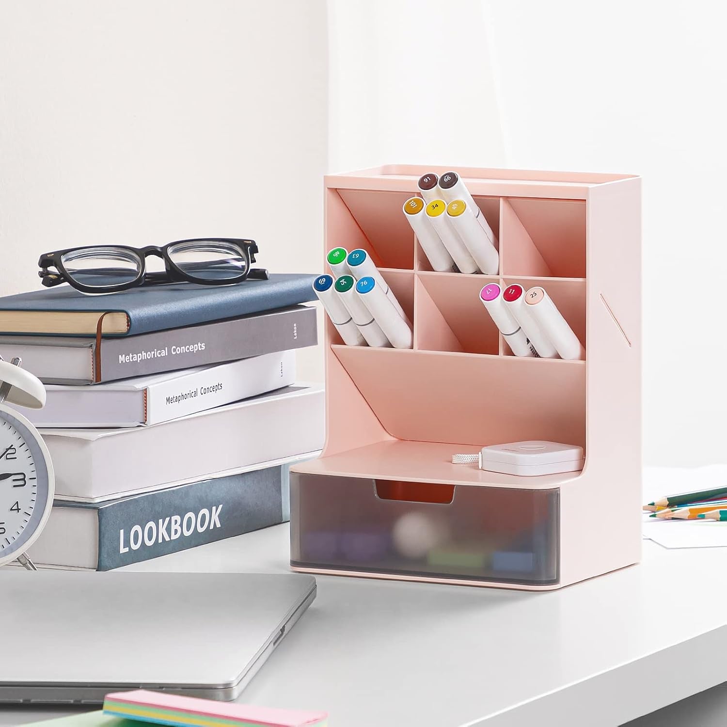 Multi-Functional Plastic Pen Organizer, Pen Holder for Desk, 2 Layer 6 Compartments Desktop Stationary Organizer, Big Capacity Pen Storage Rack for School Home Office Art Supplies
