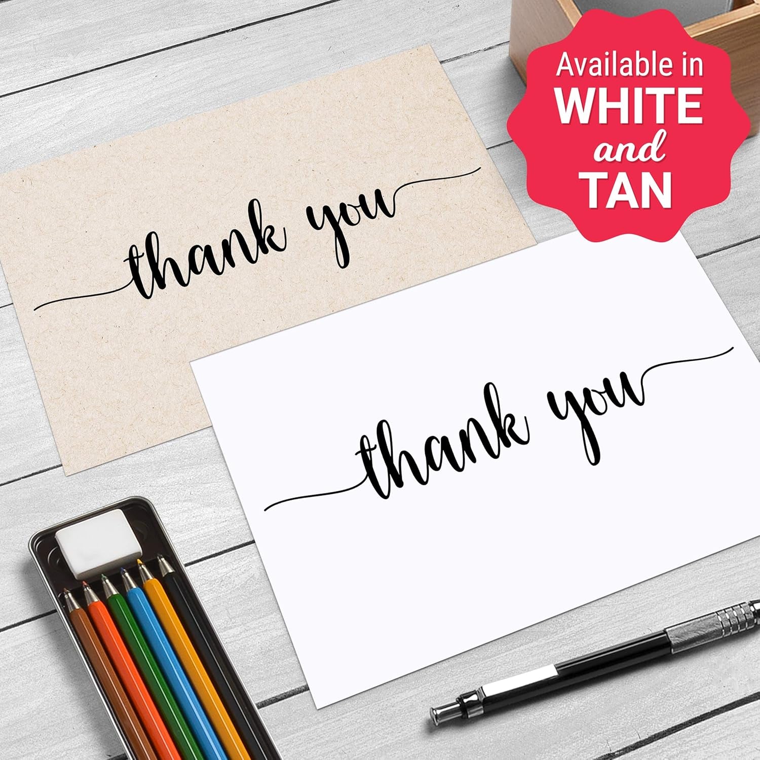 Thank You Note Cards (Set of 50) White, Large 4” X 6” Blank on Back - Made in USA, Cute Modern Script Thick Card Stock Perfect for Small Business Gift Notes Product Insert Thanks