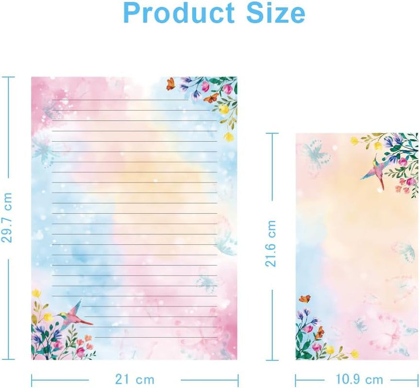 Lined Stationary Paper and Envelopes Set Floral Bird Watercolor Stationary Set W