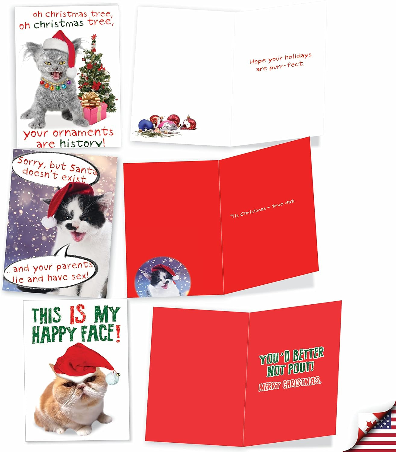 Variety Pack of 10 Funny Cats Christmas Greeting Cards with Envelopes, Kittens Humor Holiday Assortment for Men and Women - Petigreet Cat-Mass A1254