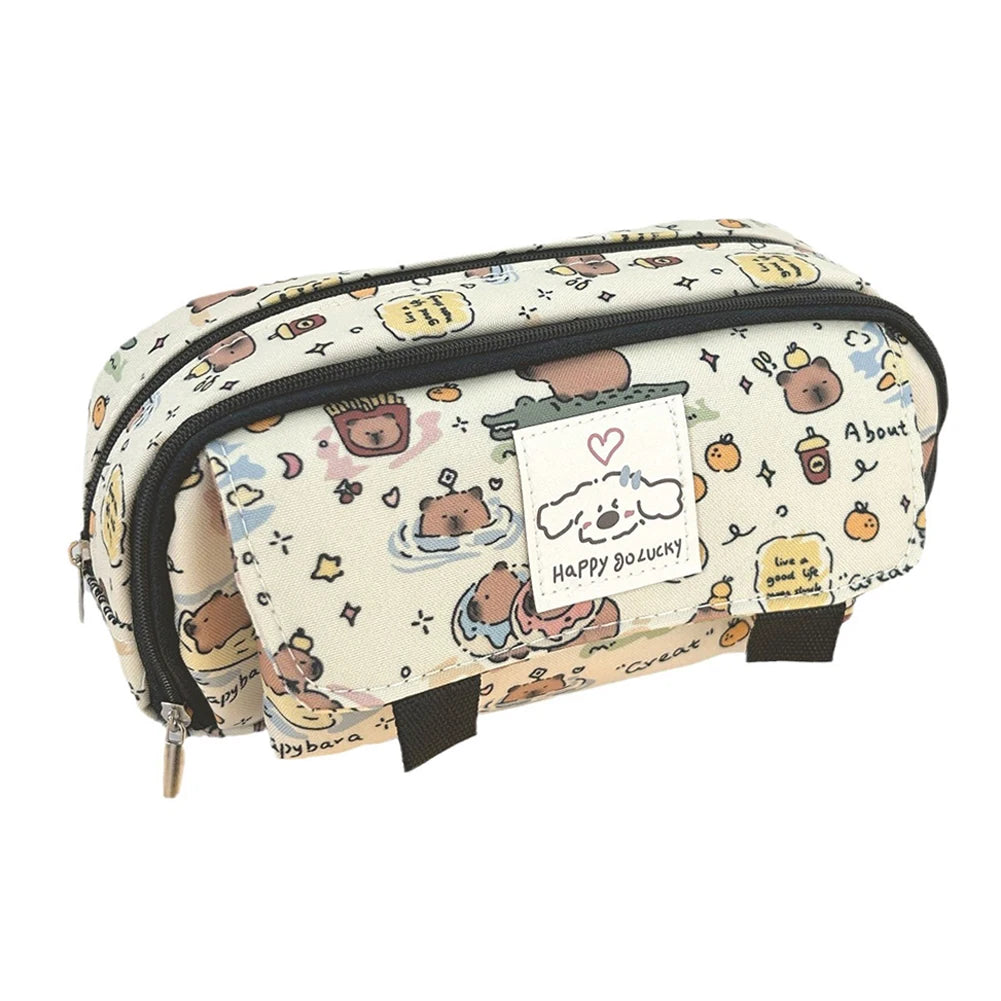 Cute Capybara Four-Layer Pen Bag Cartoon Large Capacity Pencil Case Stationery Organizer Storage Bag Students Stationeries