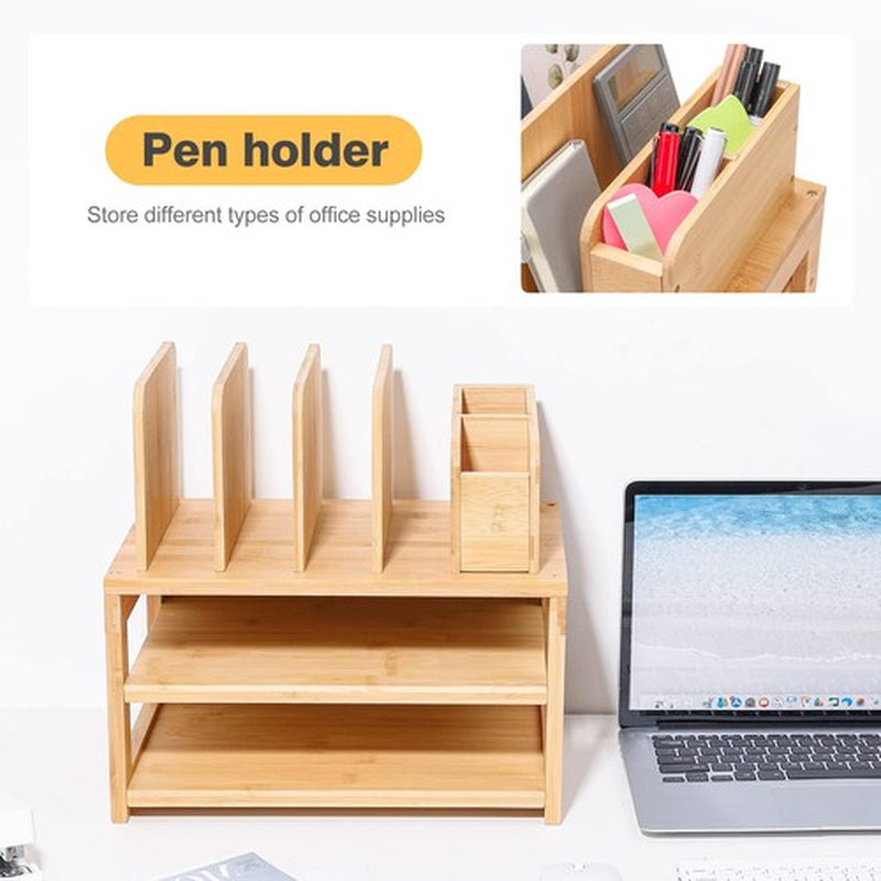Bamboo Desk Organizer with File Holder Office Organization for Desks Adjustable