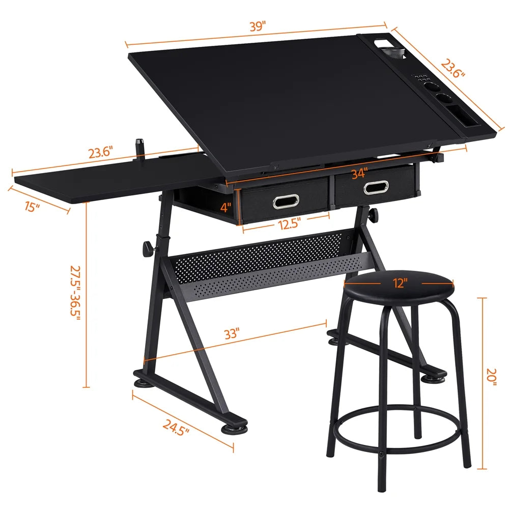 Adjustable Drafting Table with Stool, Black