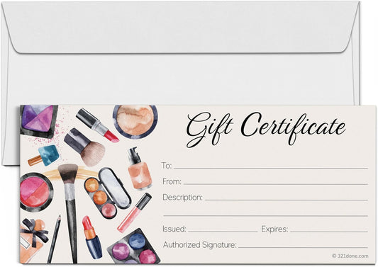 Beauty Gift Certificates (Set of 24 with Envelopes) 4X9 Inches Blank for Makeup Small Business, Voucher, Salon Spa Cosmetics Sales Rep - Made in USA