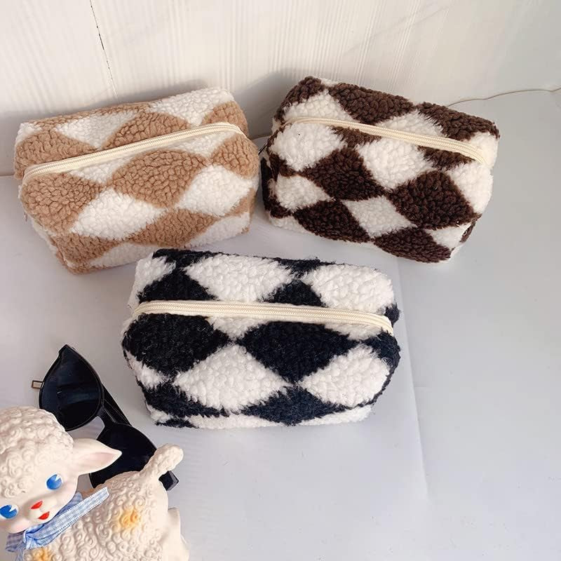 3Pcs Checkered Plush Makeup Bag Terry Cloth Cosmetic Bag Zipper Travel Toiletry Bag Organizer Soft Pencil Pouch Case Makeup Brushes Storage Bag for Women Girlsps
