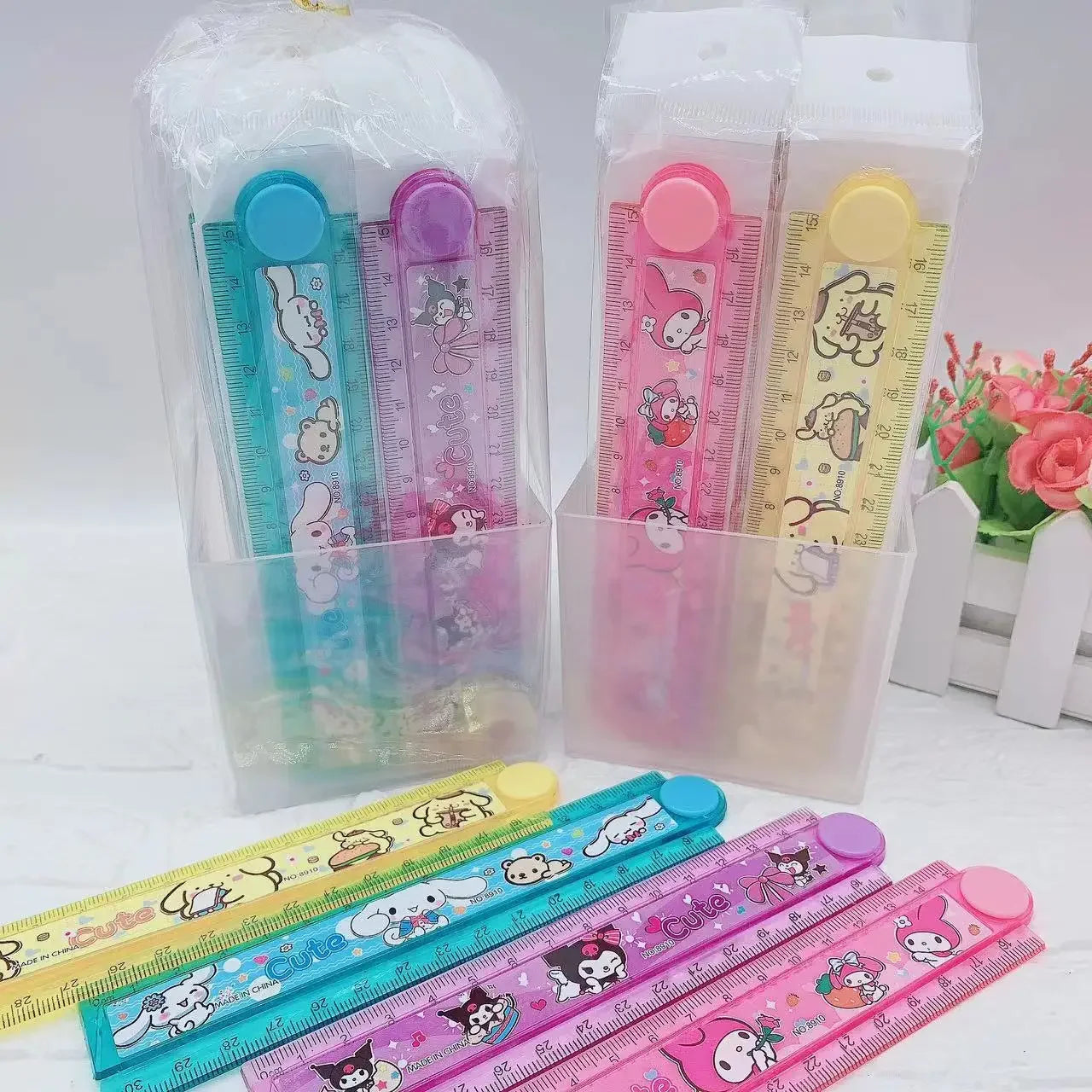 4Pcs Cartoon Kuromi Image Rotating Folding Ruler 30Cm Kawaii Melody Pochacco Student Multi Functional Ruler Stationery