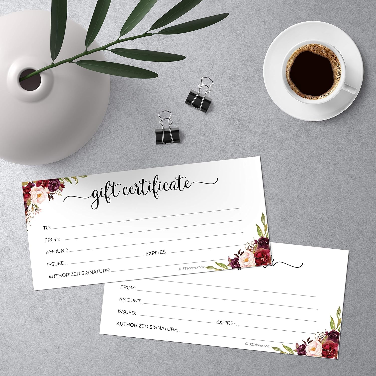 Floral Blank Gift Certificates (Set of 24 and Envelopes) 4X9 for Small Business, Holiday, Christmas Voucher, Spa, Salon - Rustic Red Roses White - Made in USA