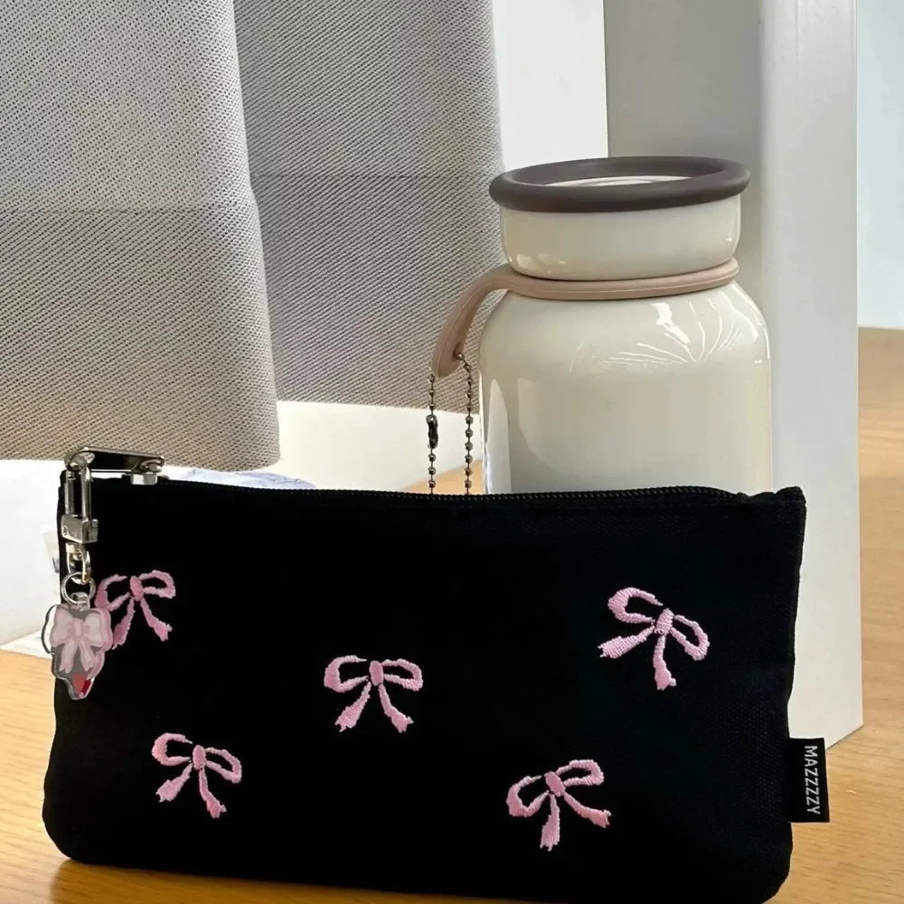 1PC Black Canvas Pen Bags Girl Heart Embroidered Bow Pencil Case Stationery Bag Cosmetics Storage Bag Pencil Case
