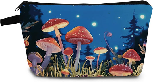 Fancy Mushroom Present Mushroom Makeup Bag Cute Small Organizer Bag with Zipper Night Red Mushroom Toiletry Cosmetic Bag Birthday Presents for Mushroom Lovers Women Friends