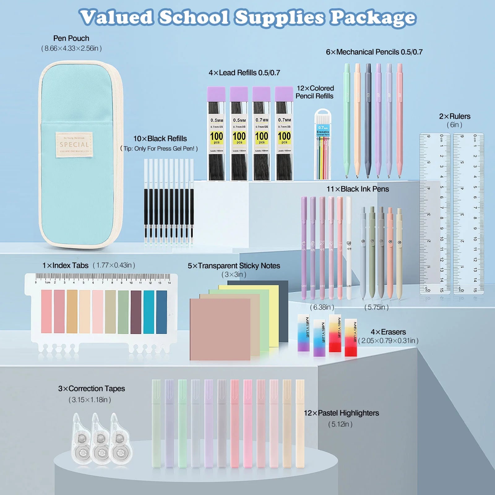 60Pcs Aesthetic School Supplies with Pencil Case for Students Stationary College Essentials, Blue