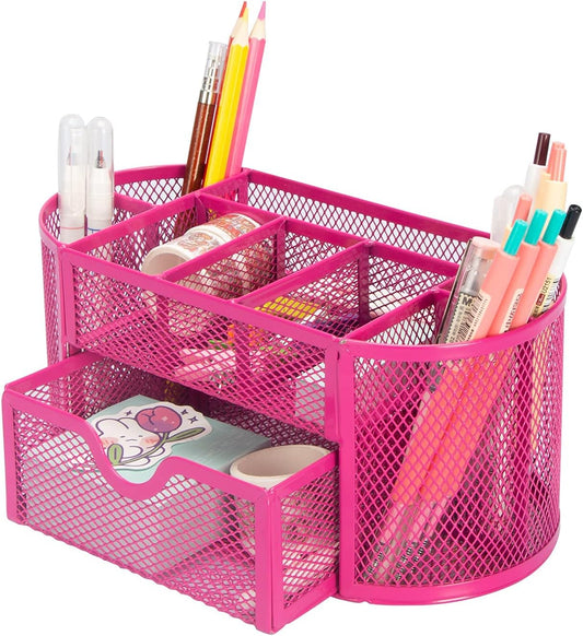 Mesh Desk Organizer with 9 Compartments, Office Desktop Organizer with Drawer, Metal Stationary Organizer, Desk Caddy for Office Accessories (Rose Red)