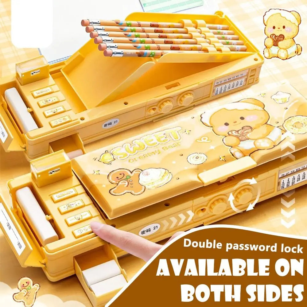 Cartoon Double Layer Pencil Case Large Capacity with Combination Lock Stationery Box Stationery Organizer Back to School Gift