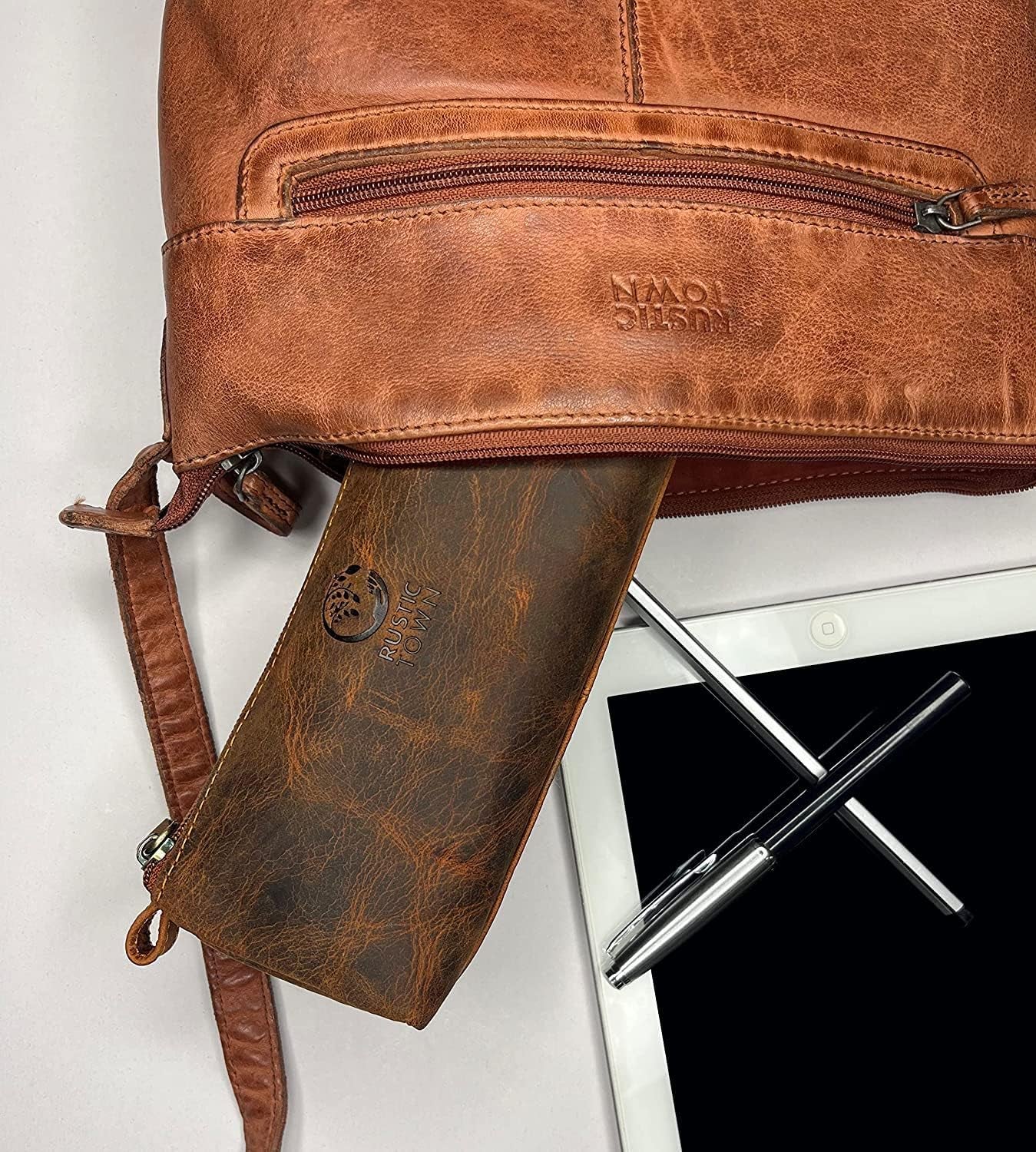Leather Pencil Case - Full Grain Leather Zippered Pen Pouch - Stationery Bag Pen Holder for Work & Office