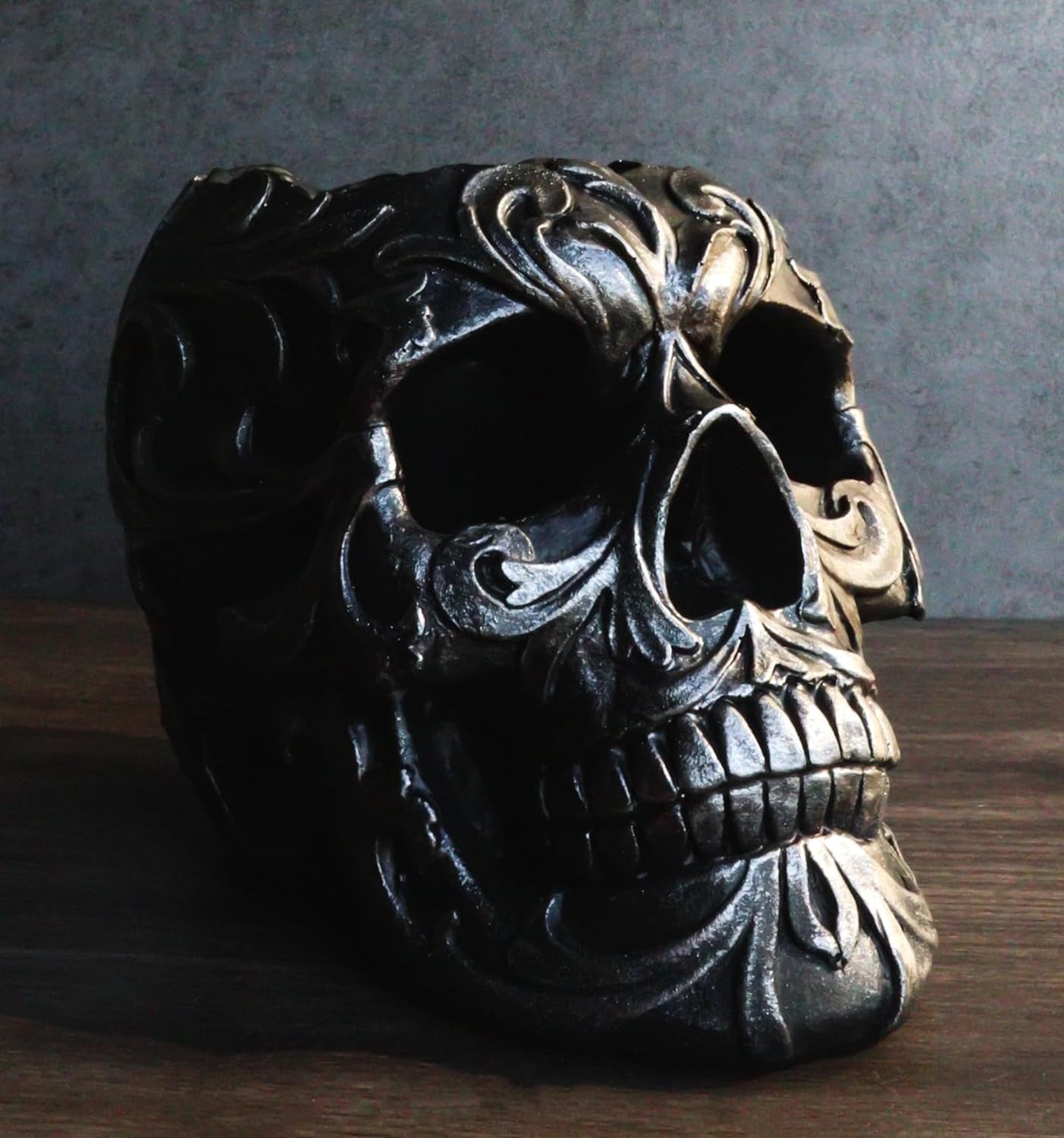 Set of 2 Tribal Tattoo Floral Skull Pen Holder Figurine 5.75" L Office Desktop Ossuary Skulls Decor Cranium Skeleton Head Stationery Holder as Halloween Macabre Graveyard Spooky Statue