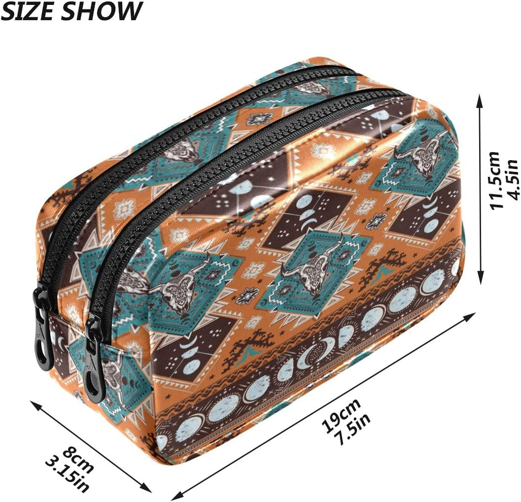 Indian Tribal Aztec Ornament Geometric Pattern with Skulls Cosmetic Bag Leather Pencil Case Waterproof Portable Travel Makeup Pouch with Zipper for Women