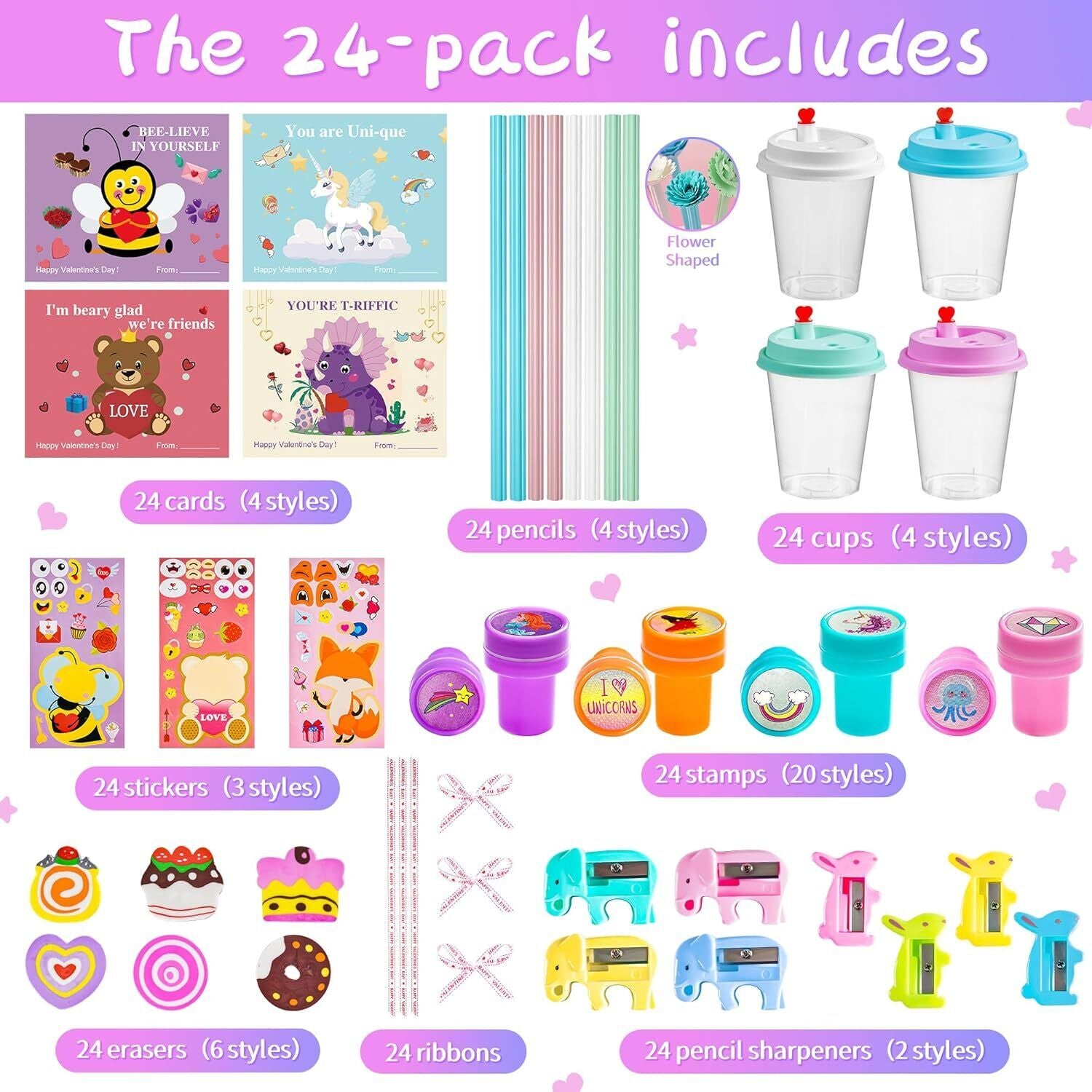 24 Pcs Valentines Day Gifts for Kids Classroom - Valentines Day Stationary Set