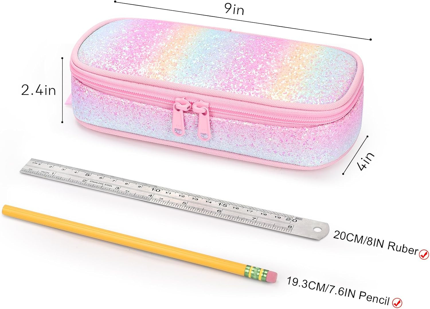 Girls Pencil Case for Kids, Multi-Slot Pencil Pouch, Pink Blue Rainbow