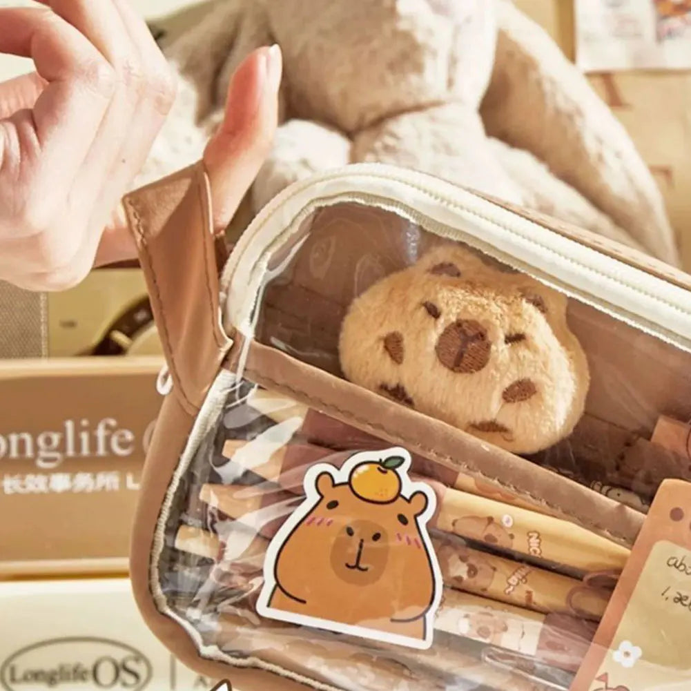 Capybara Kawaii Pencil Case with Compartments Stationary Bag Clear Pen Bag with Sticker Pendant for Office College School