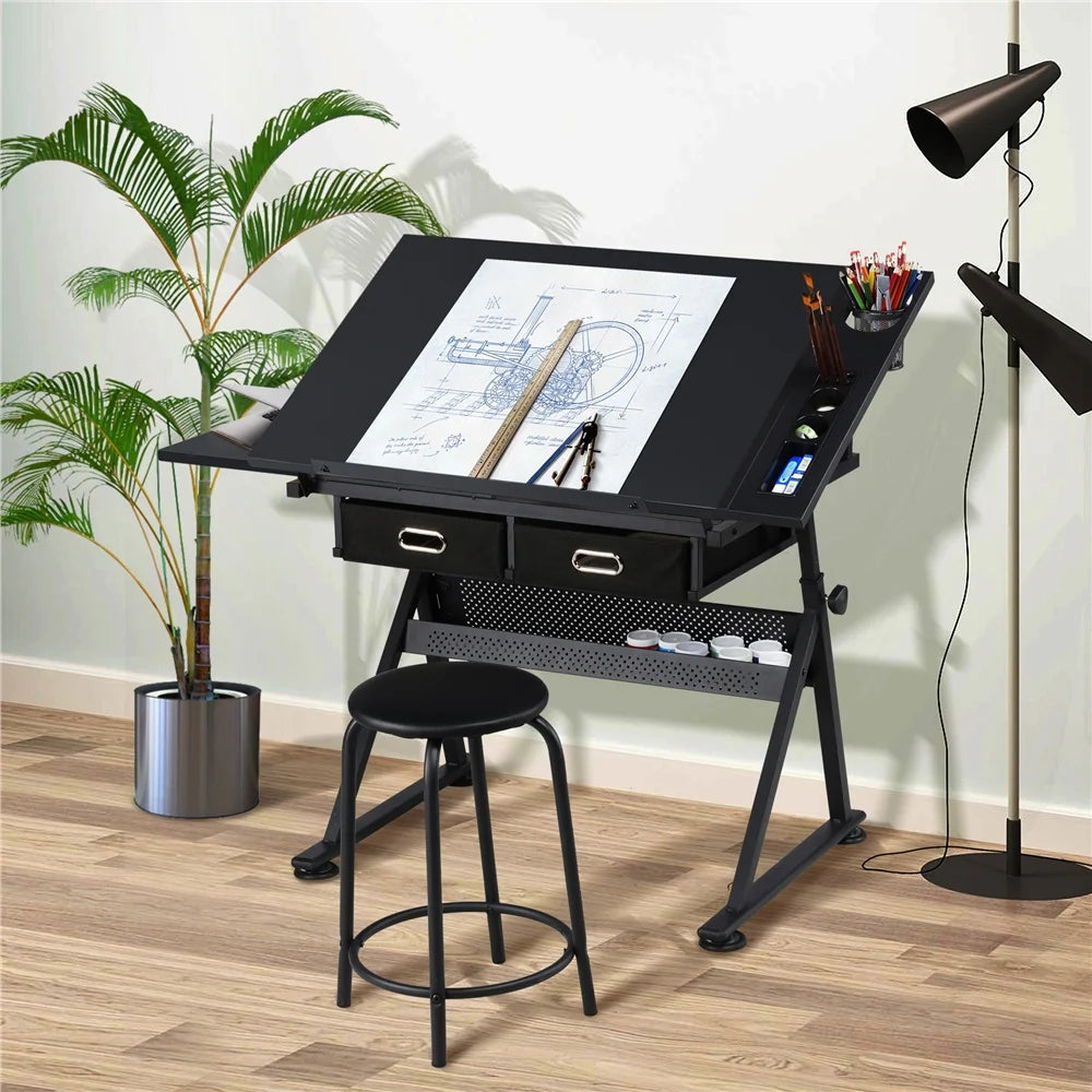 Adjustable Drafting Table with Stool, Black