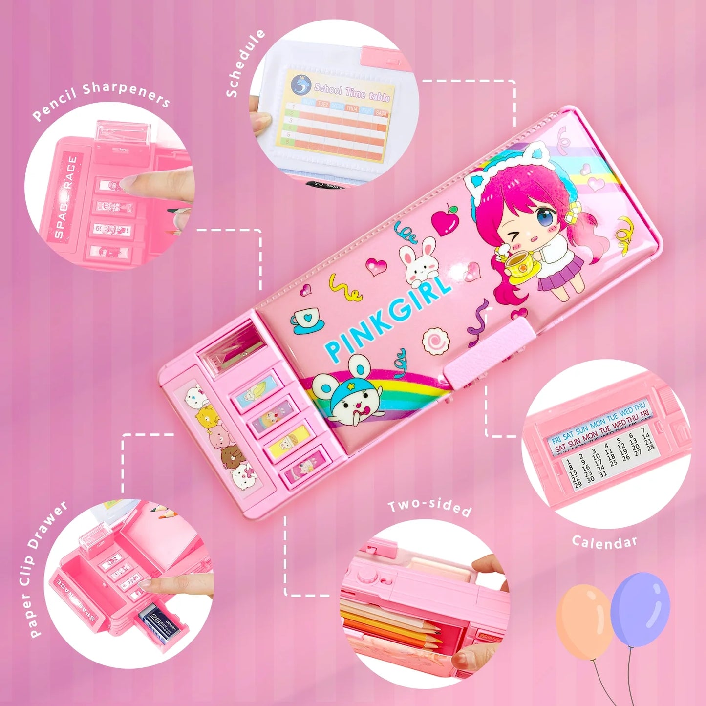Pop up Multi Function Pencil Case (6-12), Cute Cartoon Pencil Box with Sharpener, Schedule, Whiteboard(Pink-Happy Day, with Password Lock)