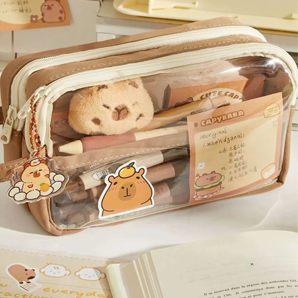 Capybara Kawaii Pencil Case with Compartments Stationary Bag Clear Pen Bag with Sticker Pendant for Office College School