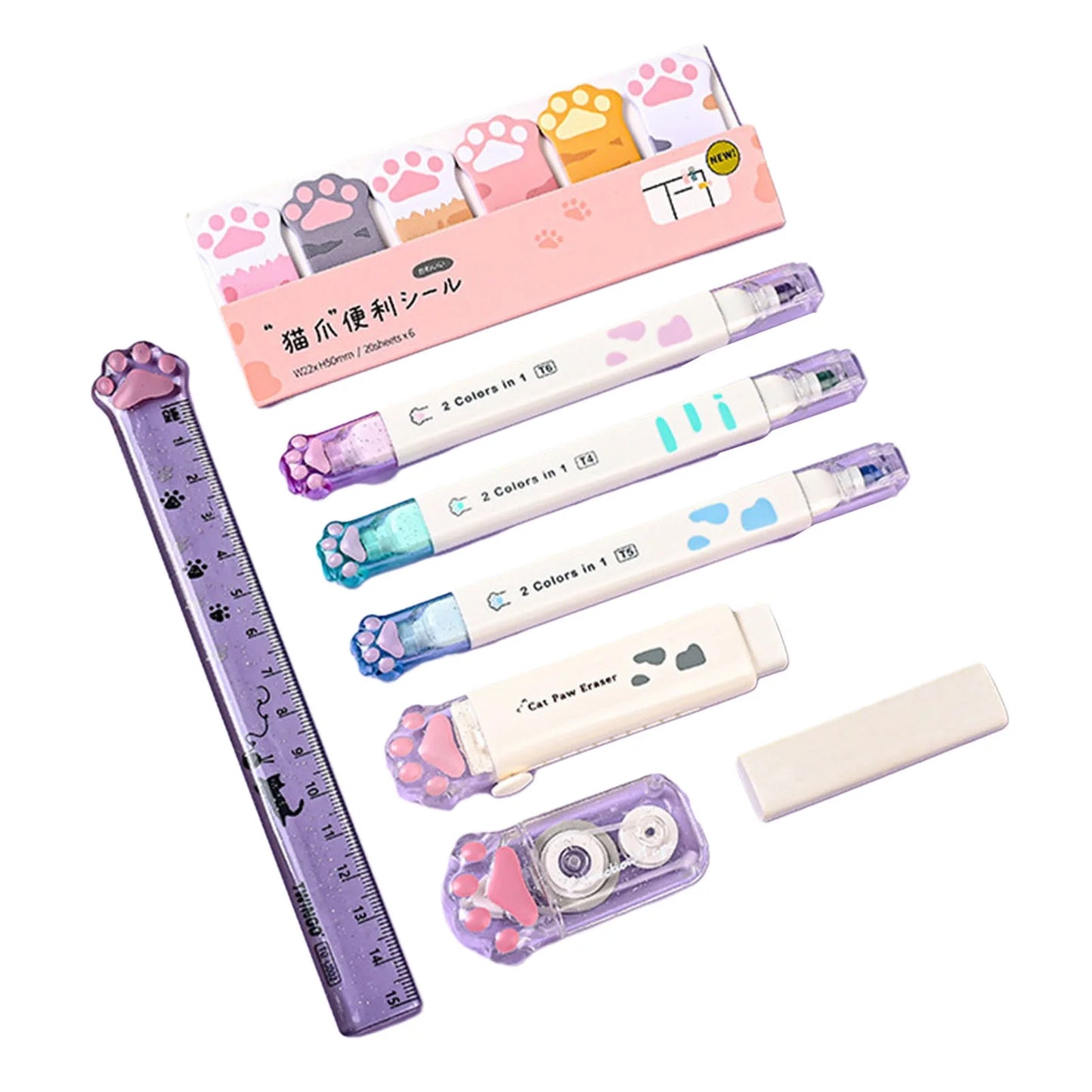 Cat Paw Stationery Set with Retractable Eraser, White