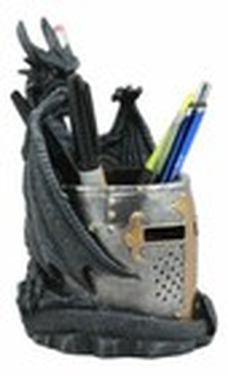 Dragon Statue with Warrior Helmet Desktop Utility Stationery Pencil Holder Organ